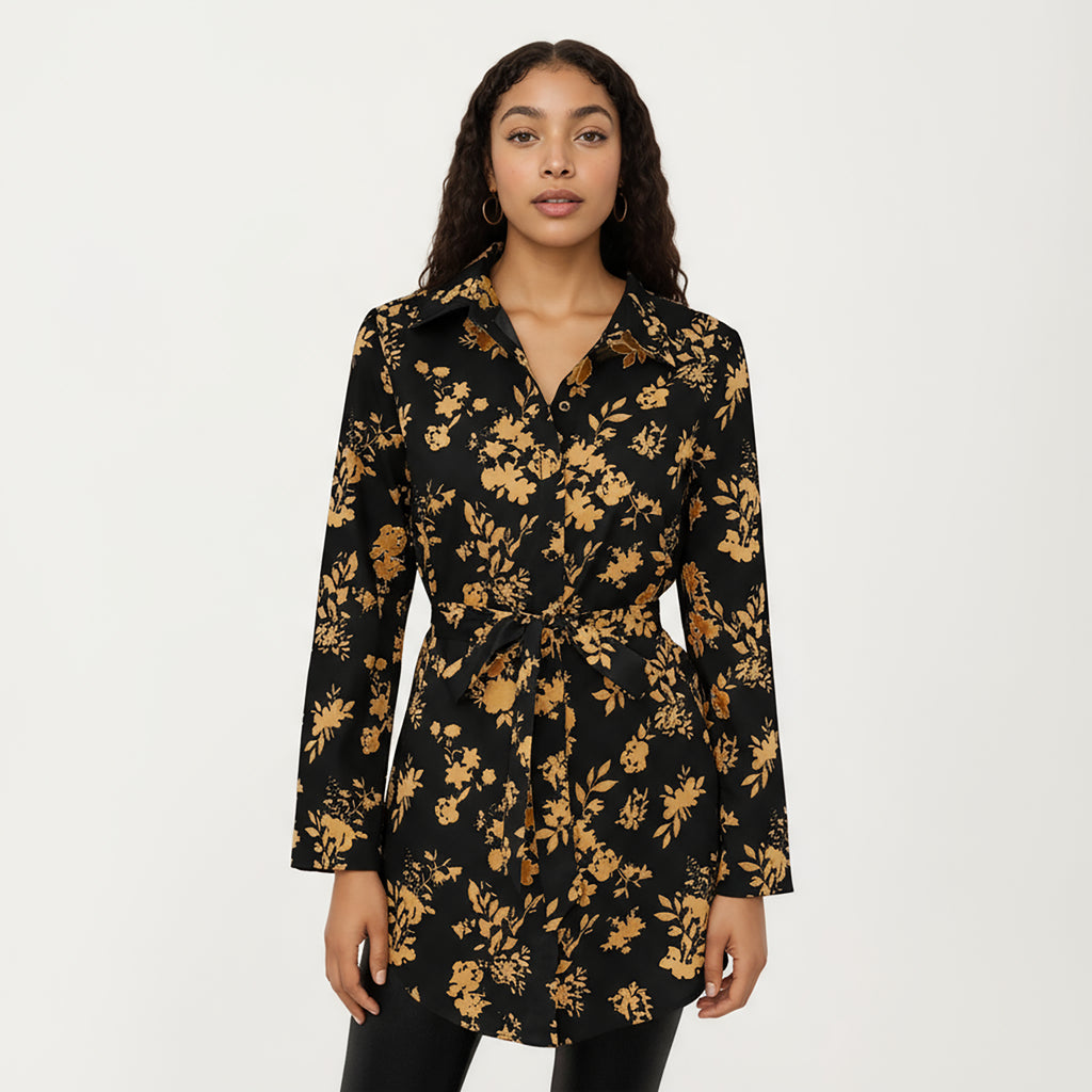 Anna-Kaci Women's Long Sleeve Button-Down Tunic Shirt with Waist Tie and Floral Print