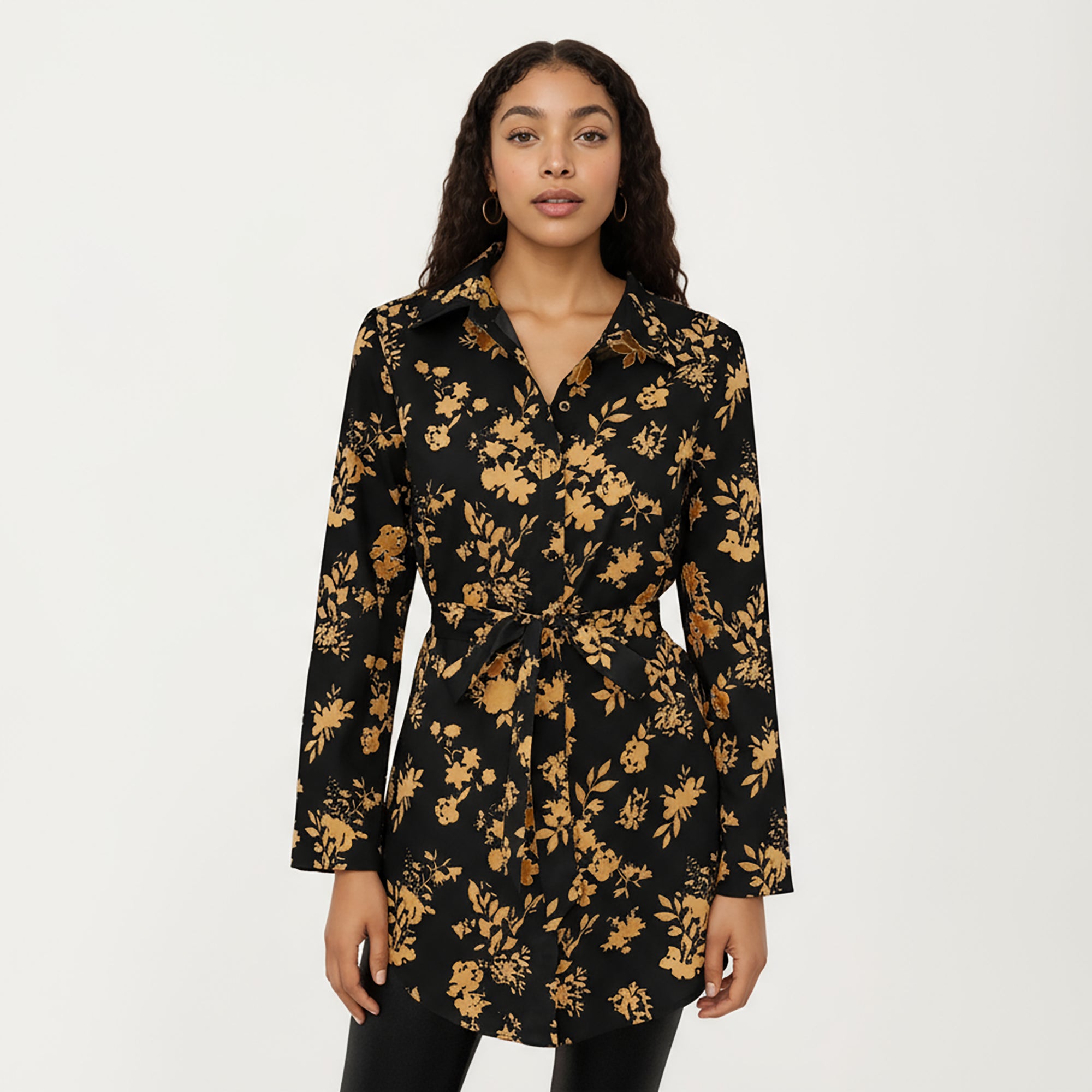 Anna-Kaci Women's Long Sleeve Button-Down Tunic Shirt with Waist Tie and Floral Print