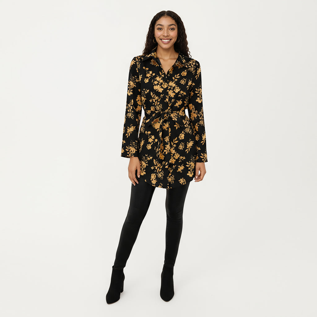 Anna-Kaci Women's Long Sleeve Button-Down Tunic Shirt with Waist Tie and Floral Print