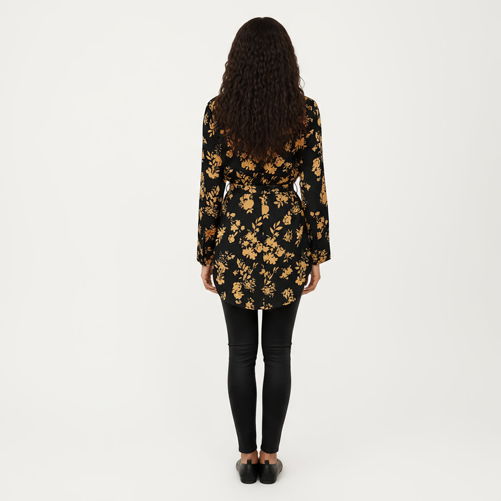 Anna-Kaci Women's Long Sleeve Button-Down Tunic Shirt with Waist Tie and Floral Print
