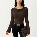 Anna-Kaci Women's Long Sleeve Ribbed Knit Top with Draped Cowl Neckline