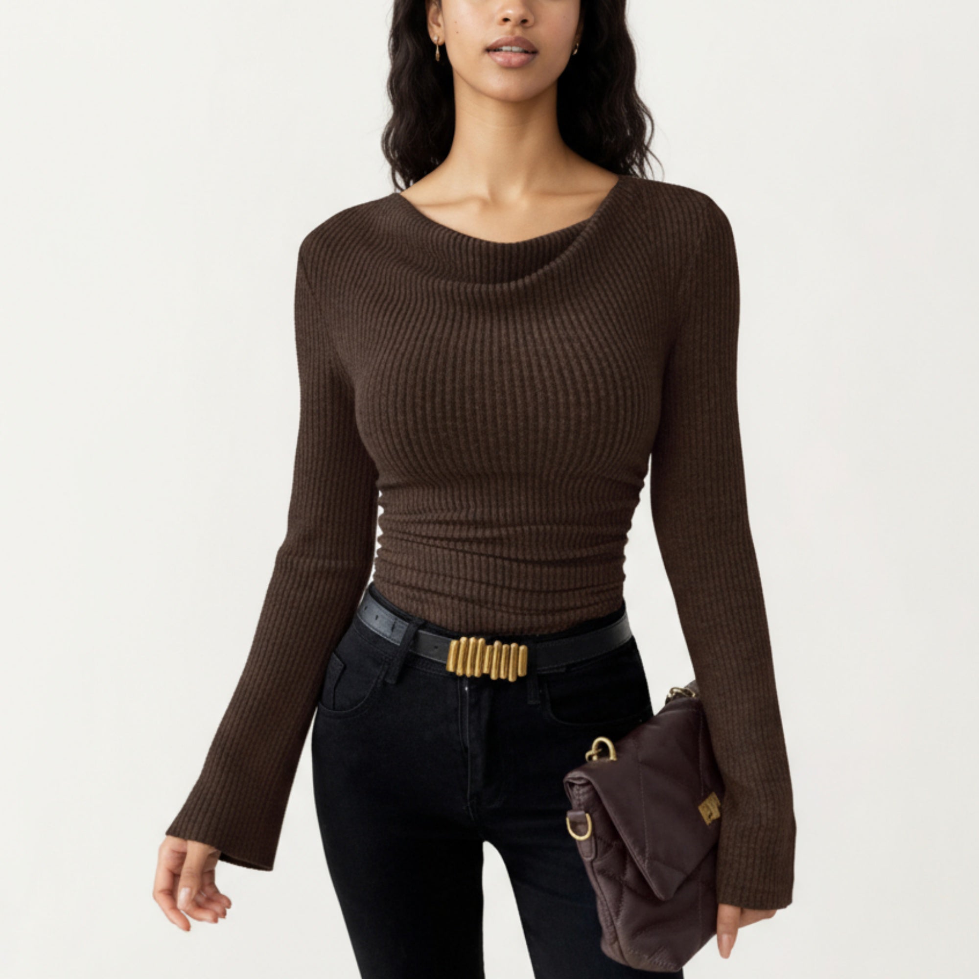 Anna-Kaci Women's Long Sleeve Ribbed Knit Top with Draped Cowl Neckline