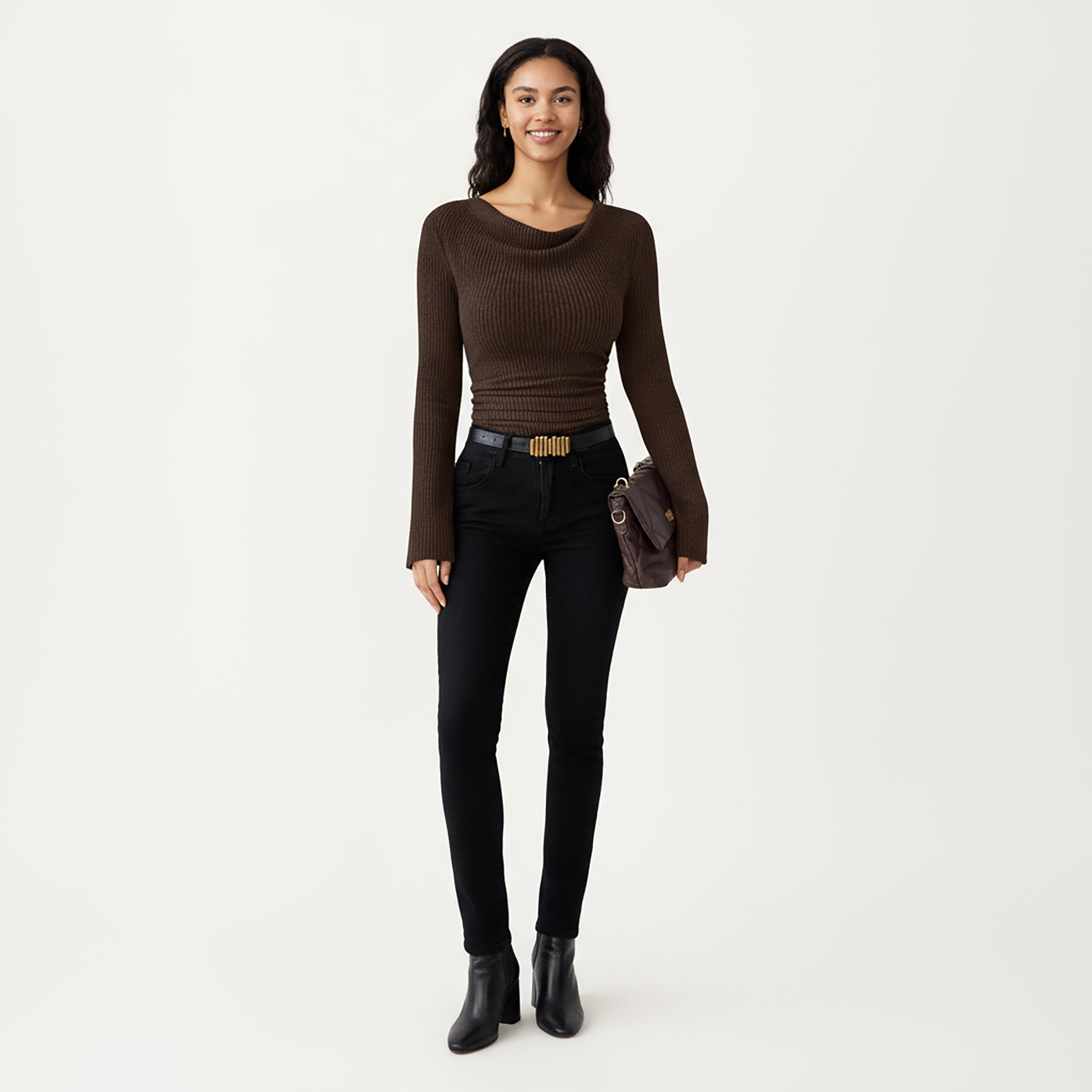 Anna-Kaci Women's Long Sleeve Ribbed Knit Top with Draped Cowl Neckline