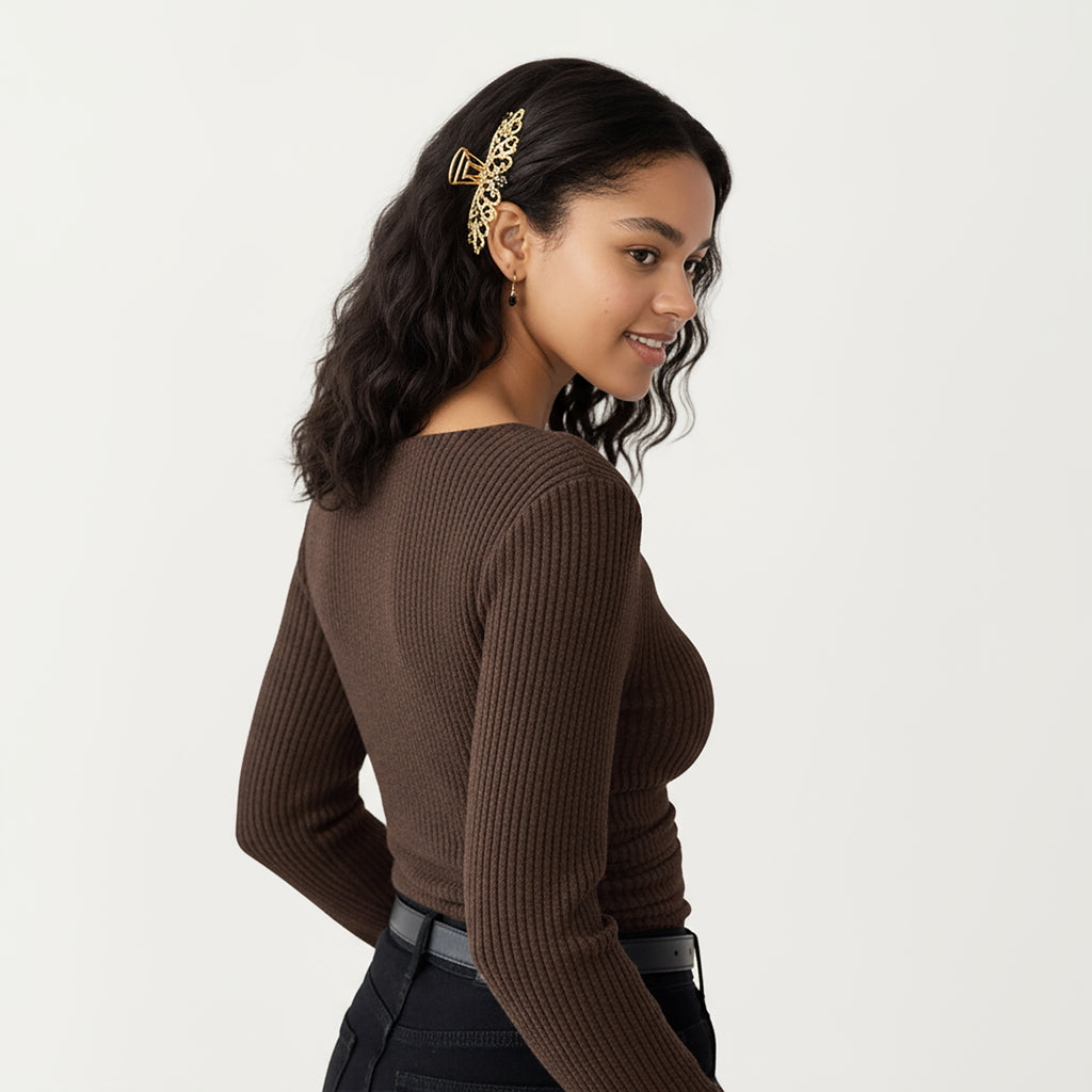 Anna-Kaci Women's Long Sleeve Ribbed Knit Top with Draped Cowl Neckline