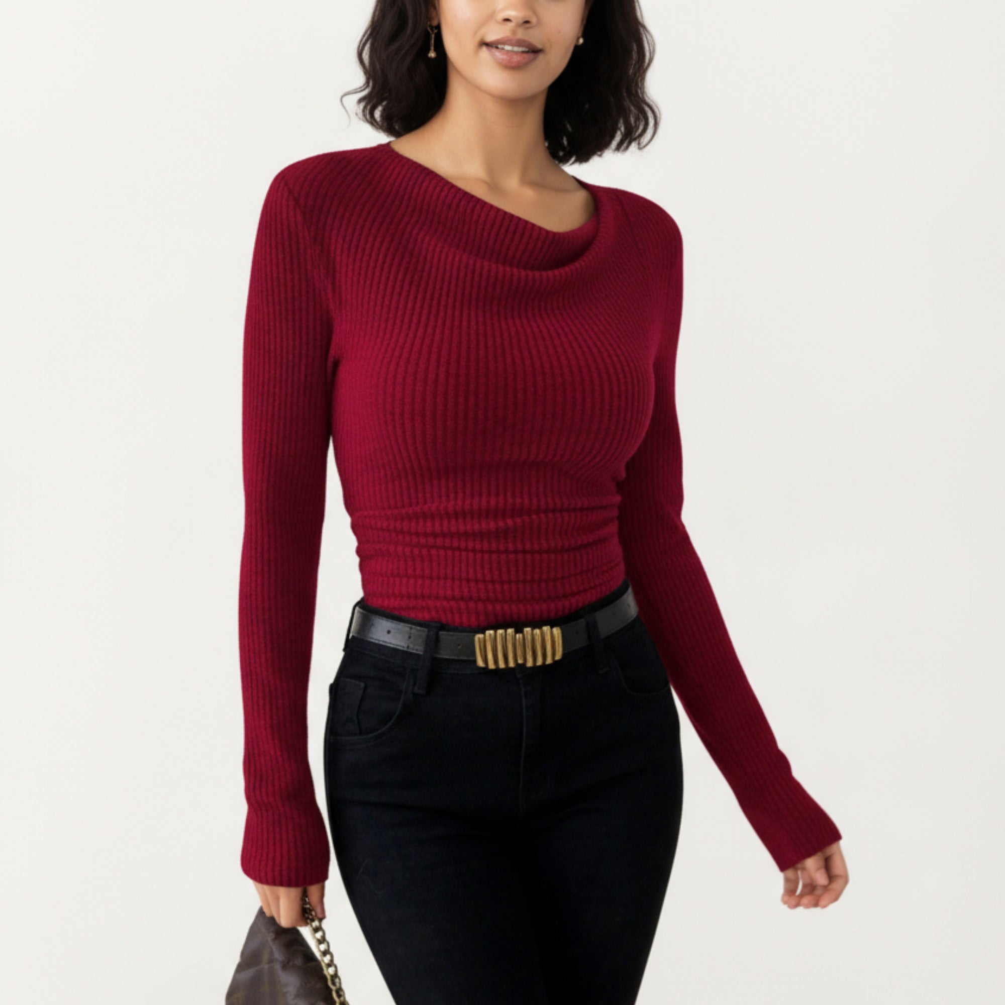 Anna-Kaci Women's Long Sleeve Ribbed Knit Top with Draped Cowl Neckline