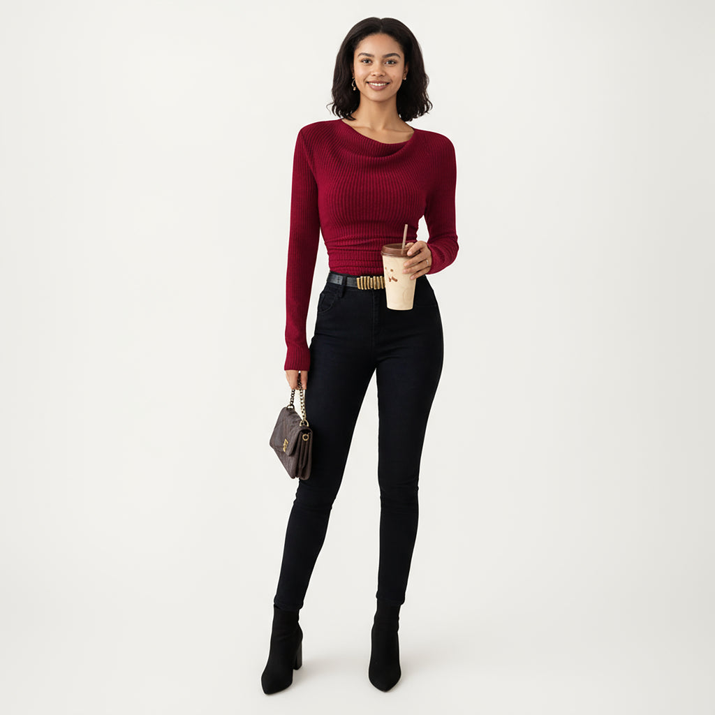 Anna-Kaci Women's Long Sleeve Ribbed Knit Top with Draped Cowl Neckline