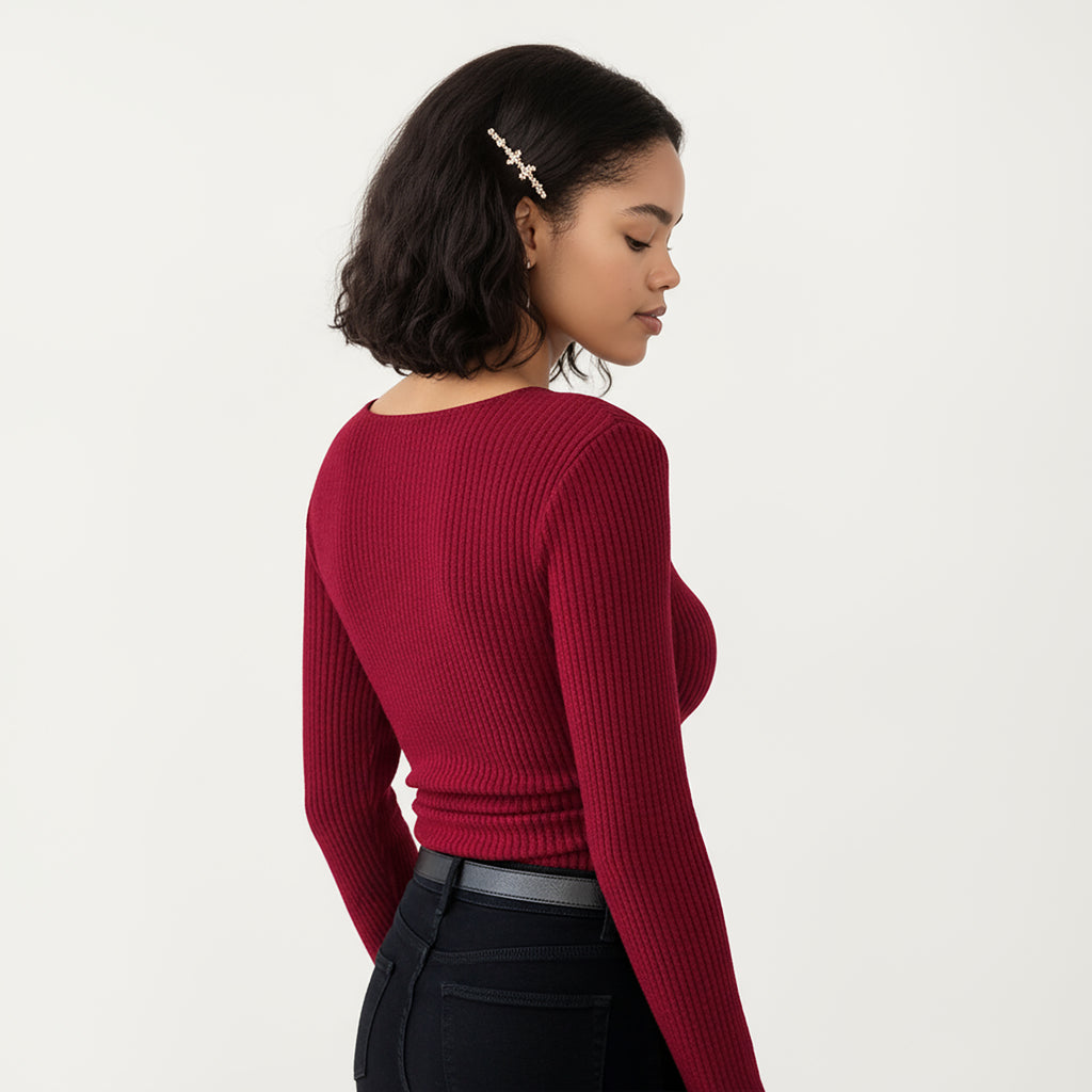 Anna-Kaci Women's Long Sleeve Ribbed Knit Top with Draped Cowl Neckline