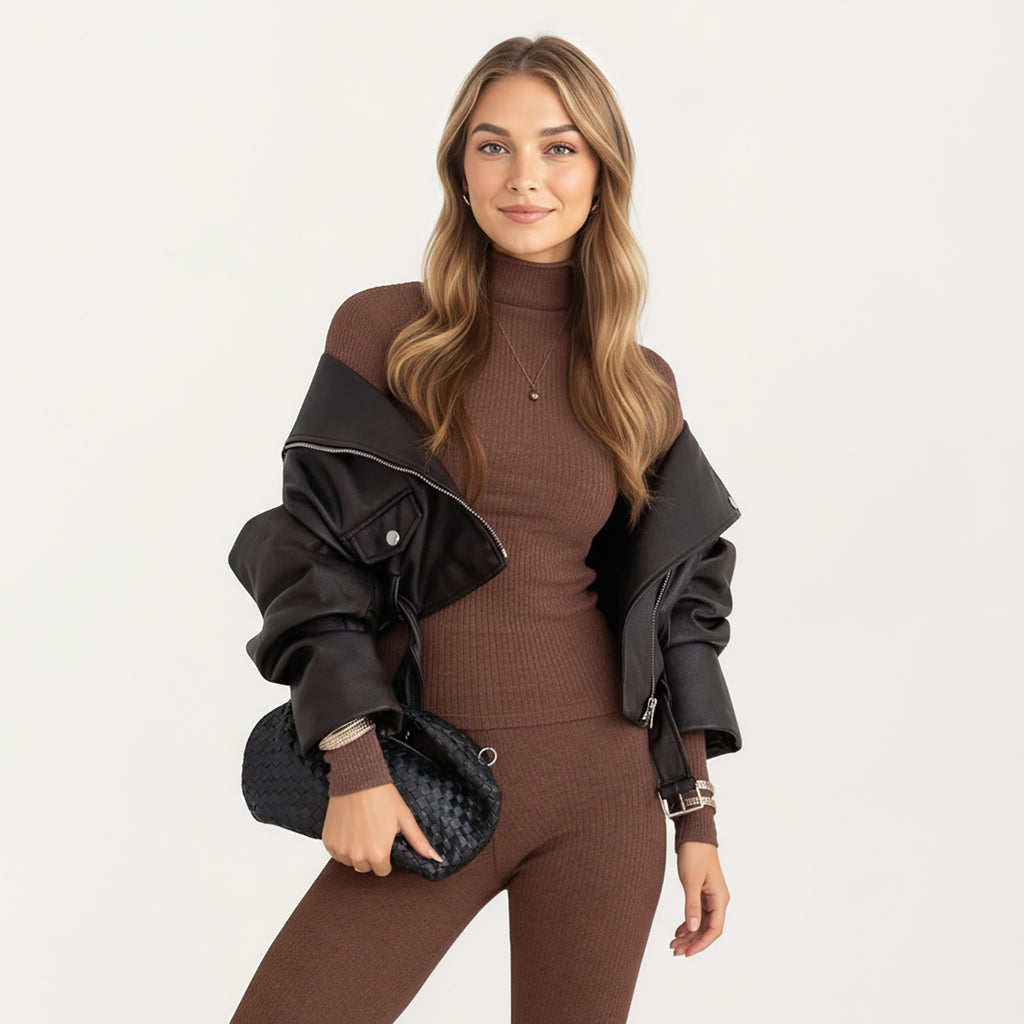 Anna-Kaci Women's 2-Piece Set Ribbed Knit Turtleneck Top and Slim Fit Pants