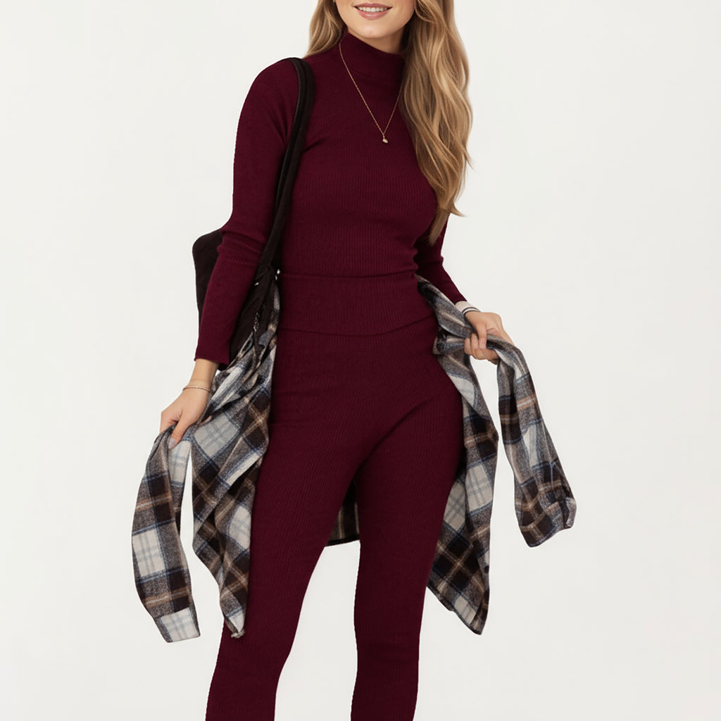 Anna-Kaci Women's 2-Piece Set Ribbed Knit Turtleneck Top and Slim Fit Pants