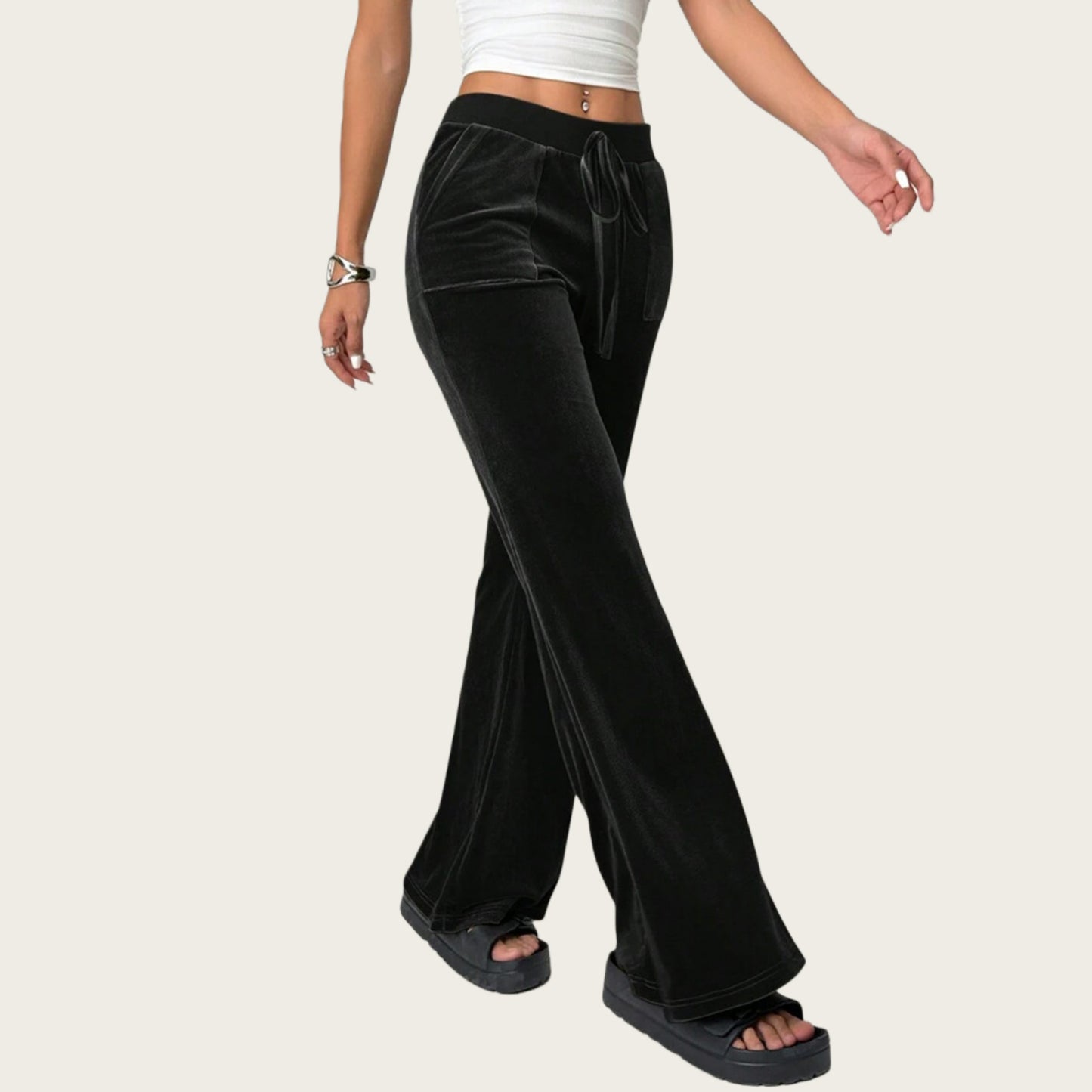 Anna-Kaci Women's Drawstring Waist Flare Leg Pants with Front Pockets and Soft Velvety Finish
