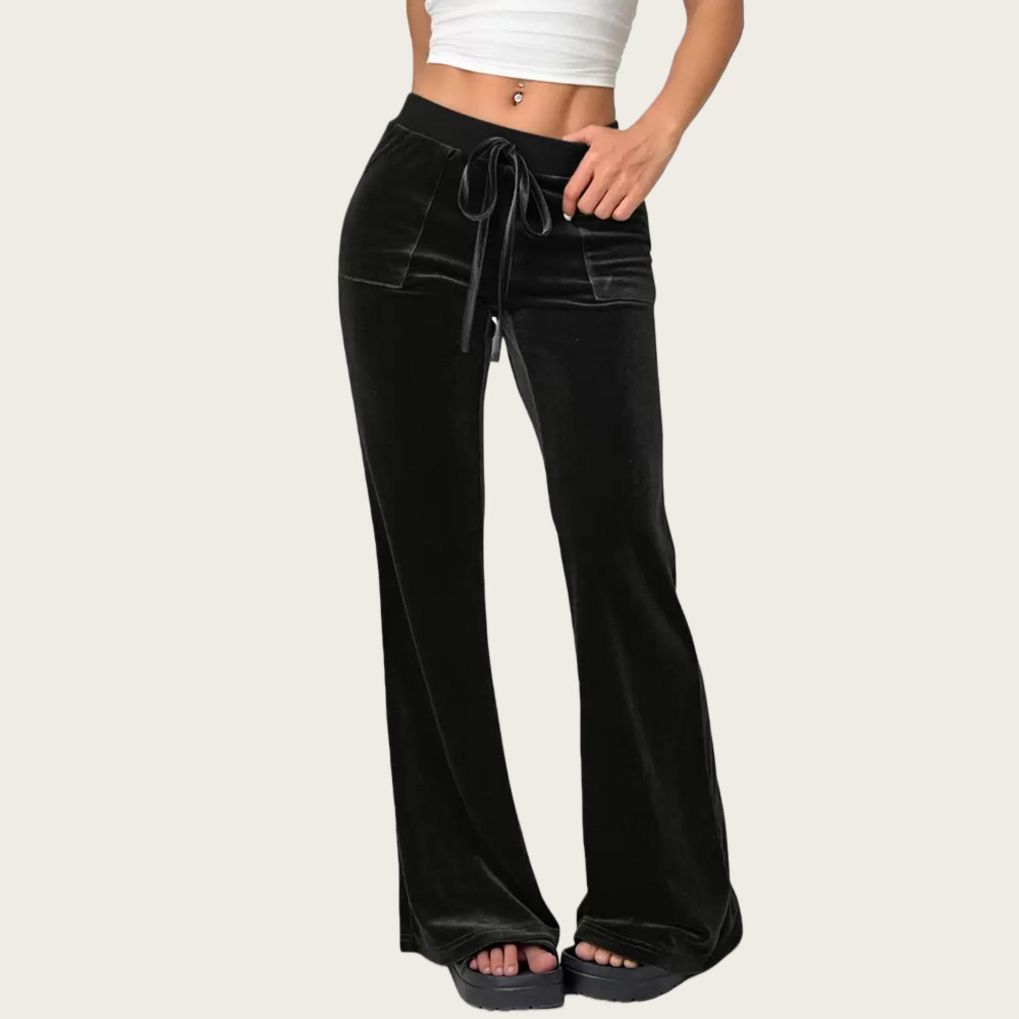 Anna-Kaci Women's Drawstring Waist Flare Leg Pants with Front Pockets and Soft Velvety Finish