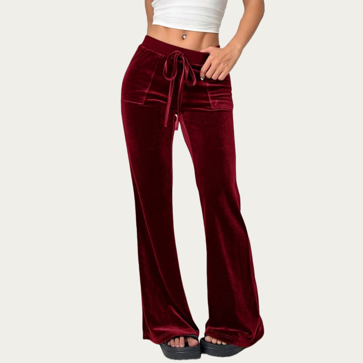 Anna-Kaci Women's Drawstring Waist Flare Leg Pants with Front Pockets and Soft Velvety Finish