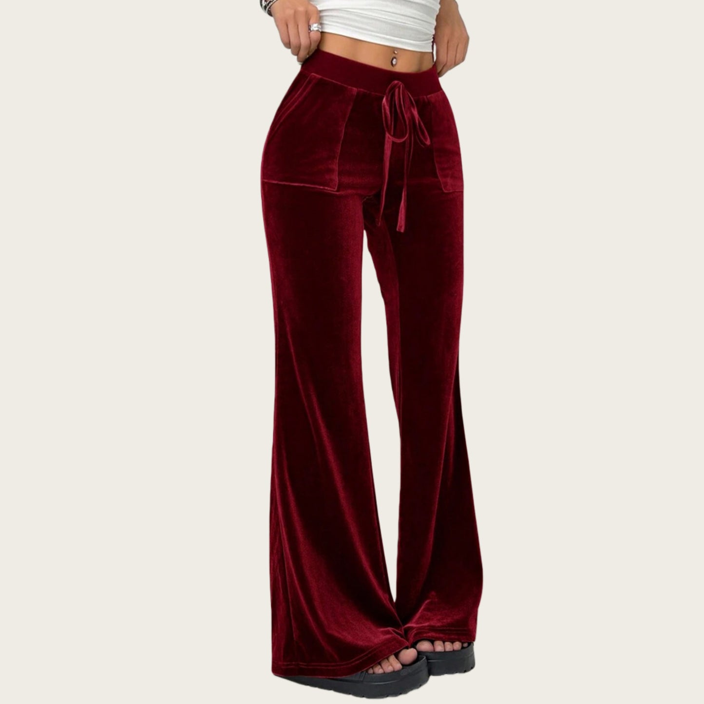 Anna-Kaci Women's Drawstring Waist Flare Leg Pants with Front Pockets and Soft Velvety Finish