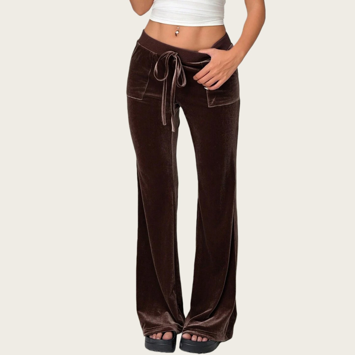 Anna-Kaci Women's Drawstring Waist Flare Leg Pants with Front Pockets and Soft Velvety Finish