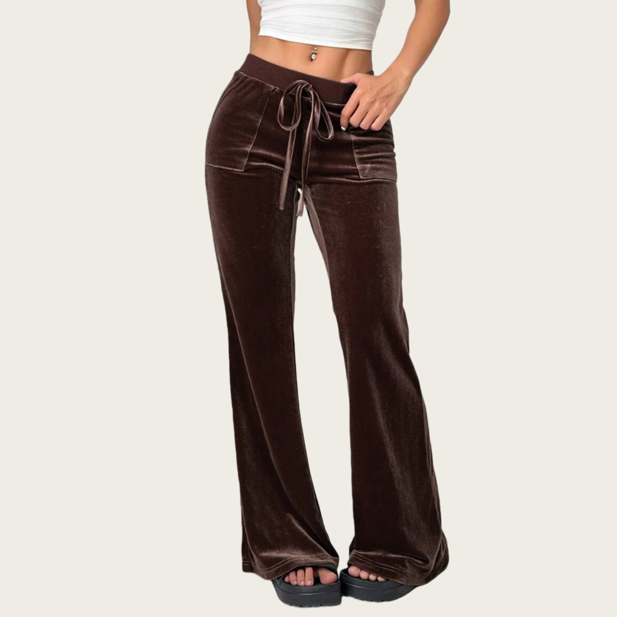 Anna-Kaci Women's Drawstring Waist Flare Leg Pants with Front Pockets and Soft Velvety Finish