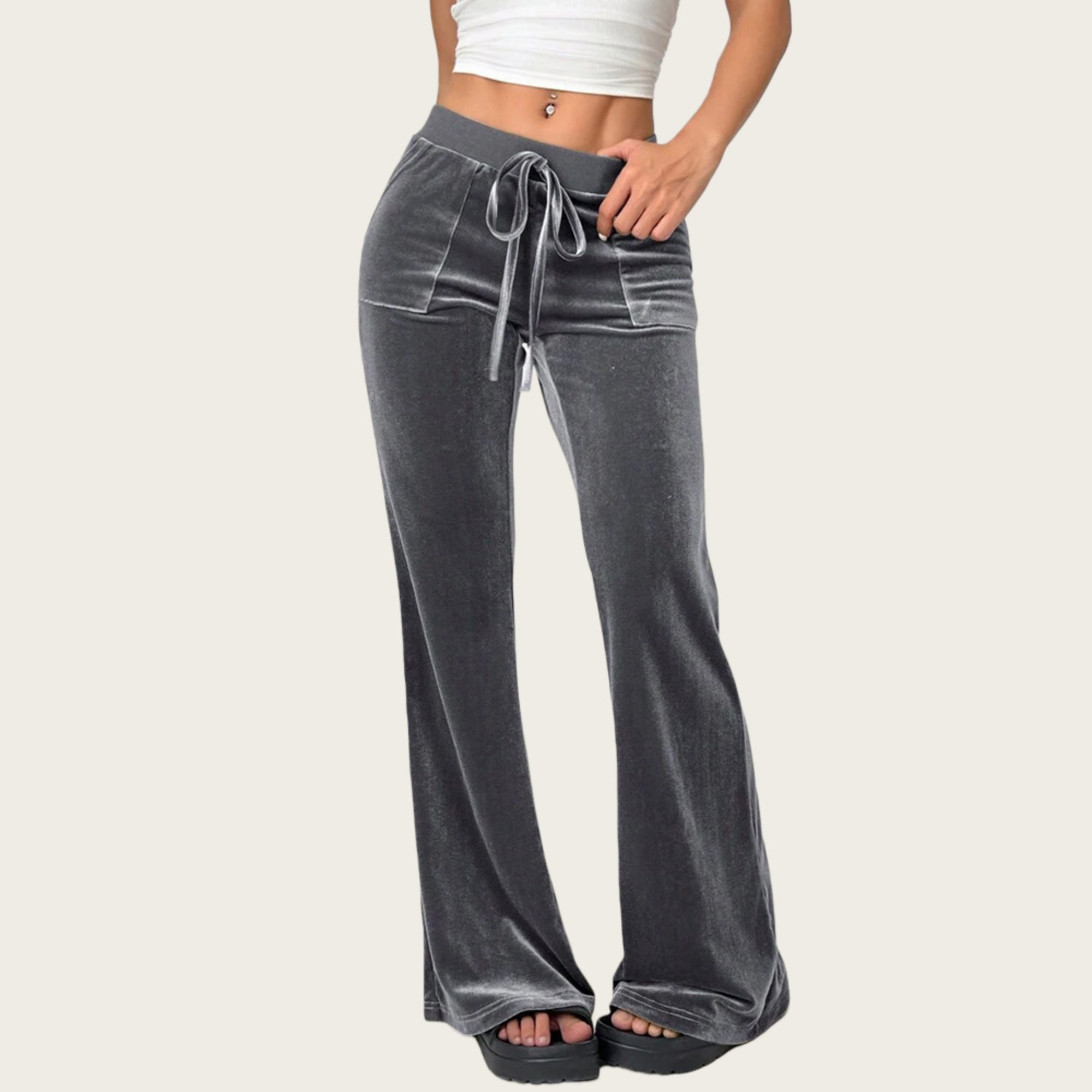 Anna-Kaci Women's Drawstring Waist Flare Leg Pants with Front Pockets and Soft Velvety Finish