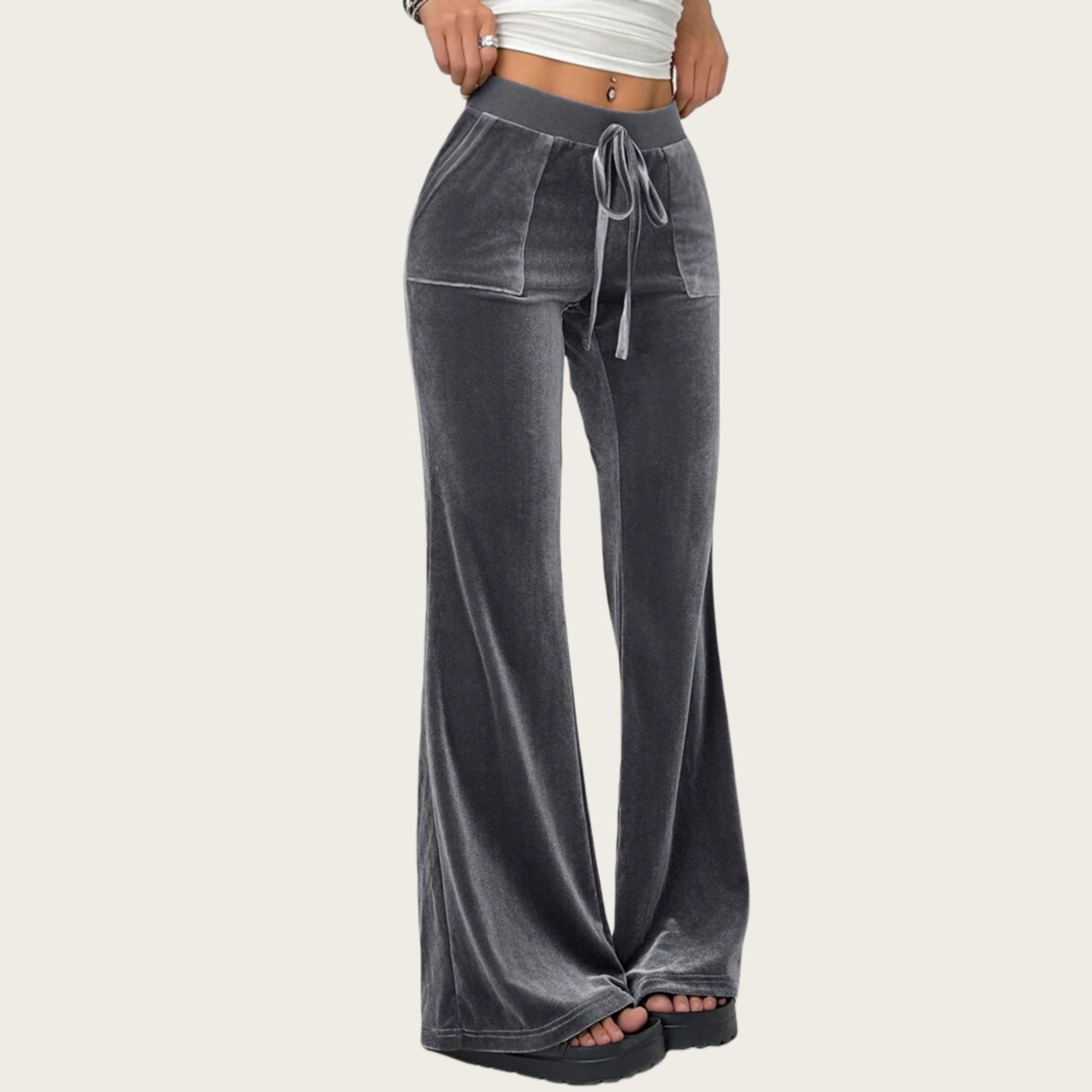 Anna-Kaci Women's Drawstring Waist Flare Leg Pants with Front Pockets and Soft Velvety Finish