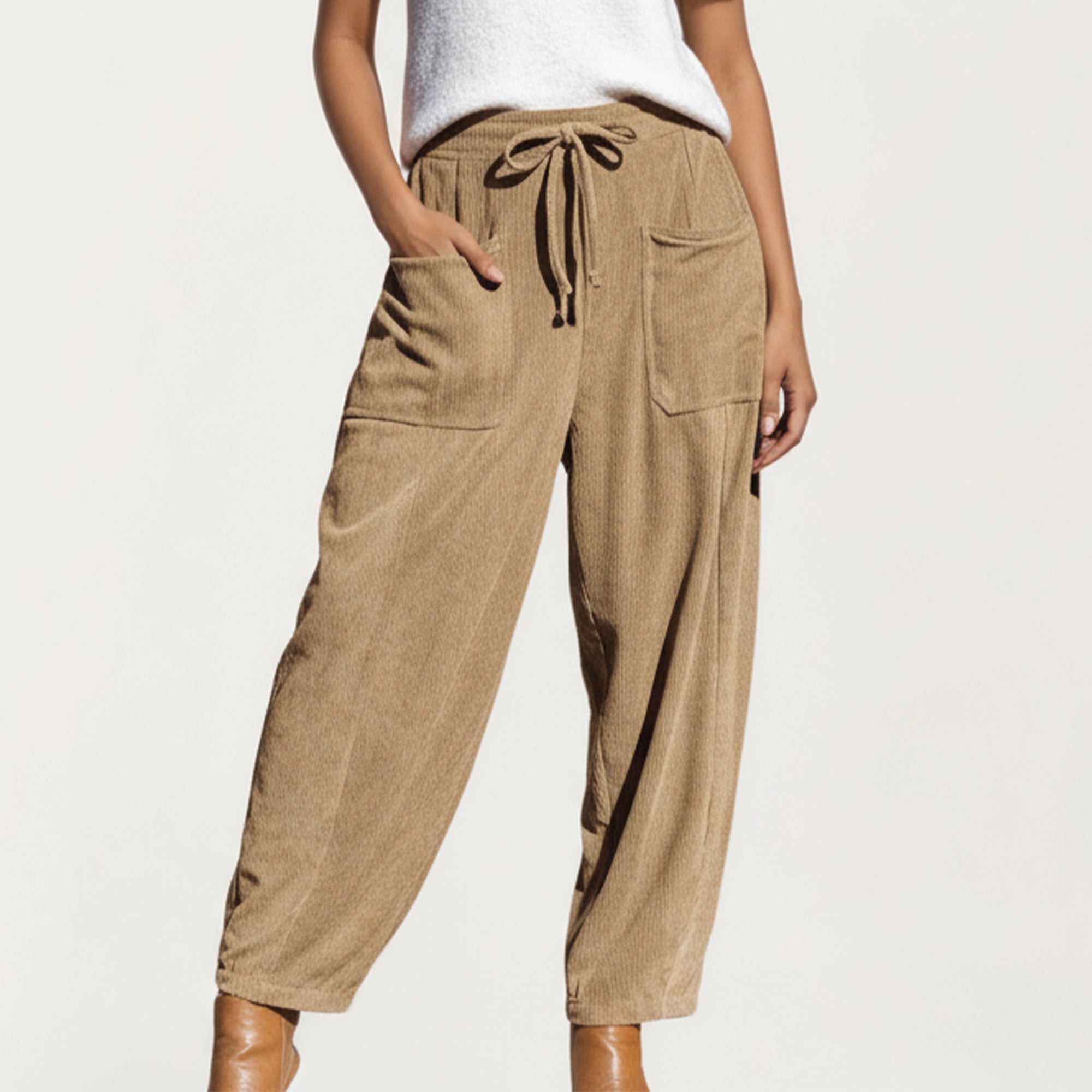 Anna-Kaci Women's Drawstring High Waist Relaxed Fit Pants with Front Patch Pockets