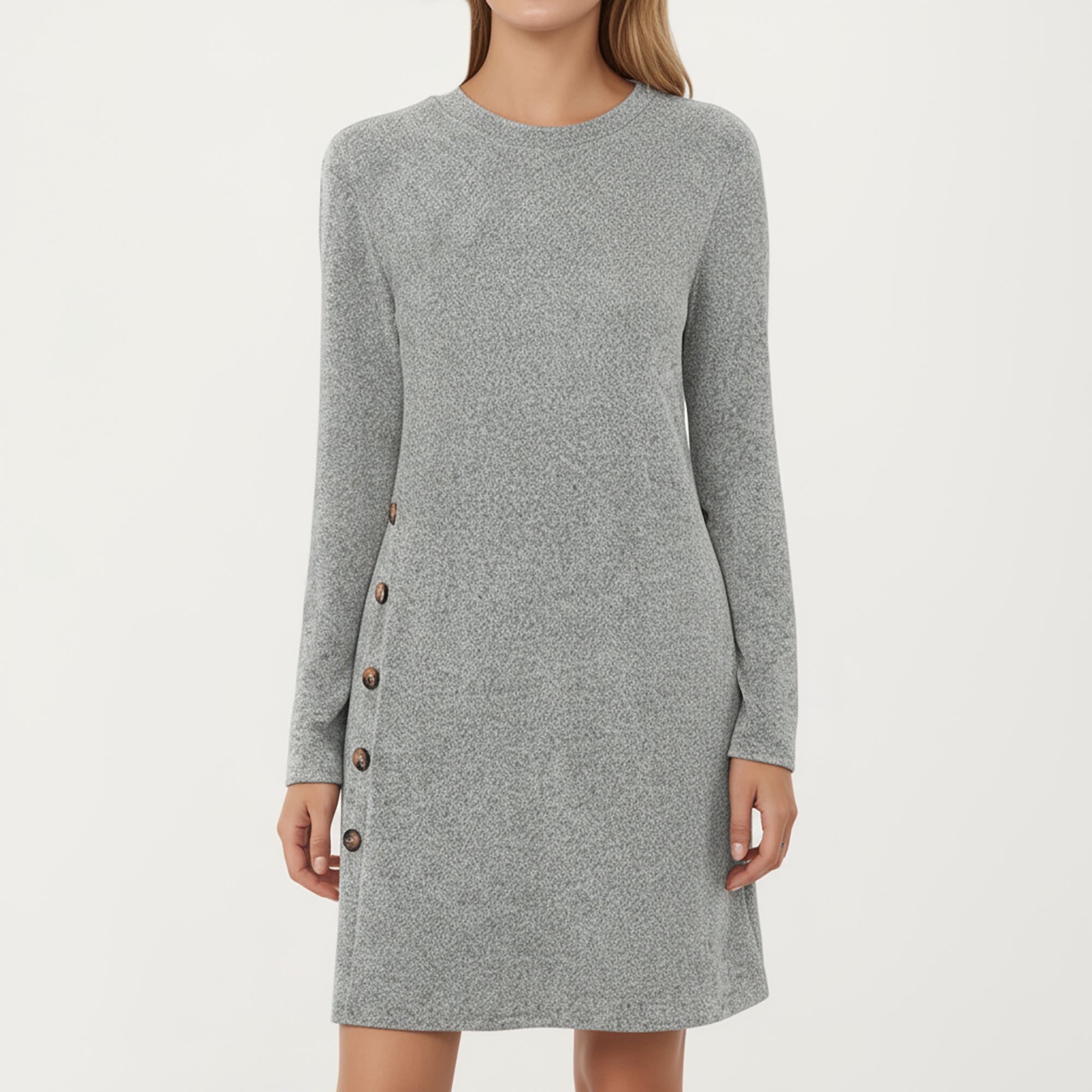 Anna-Kaci Women's Long Sleeve Knit Dress with Side Button Detail and Crew Neckline