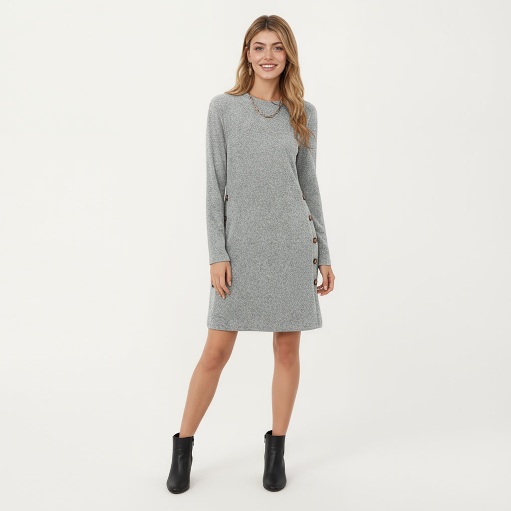 Anna-Kaci Women's Long Sleeve Knit Dress with Side Button Detail and Crew Neckline