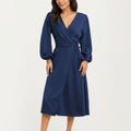 Anna-Kaci Women's Long Sleeve Wrap Midi Dress with V-Neckline and Side Tie Waist