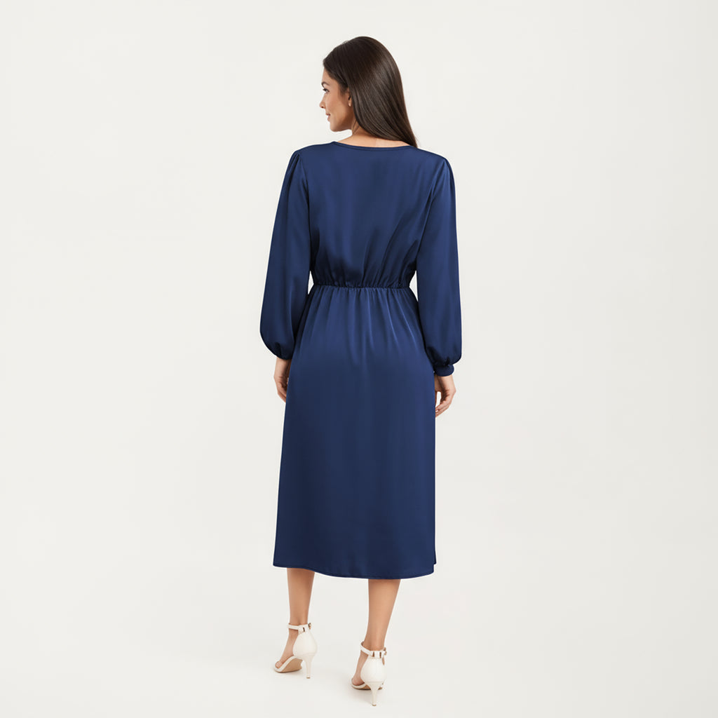 Anna-Kaci Women's Long Sleeve Wrap Midi Dress with V-Neckline and Side Tie Waist