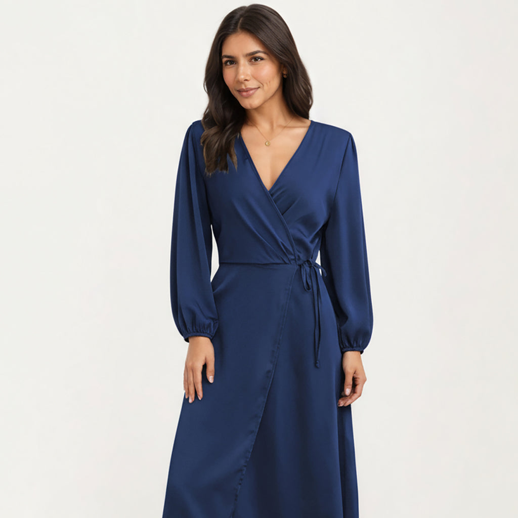 Anna-Kaci Women's Long Sleeve Wrap Midi Dress with V-Neckline and Side Tie Waist