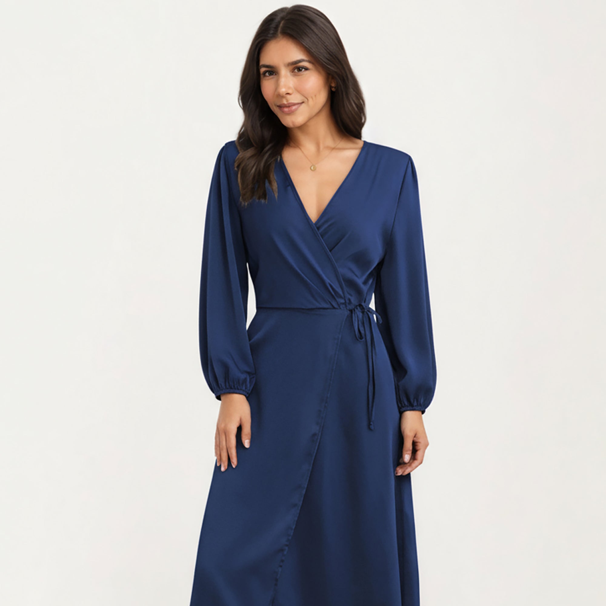 Anna-Kaci Women's Long Sleeve Wrap Midi Dress with V-Neckline and Side Tie Waist