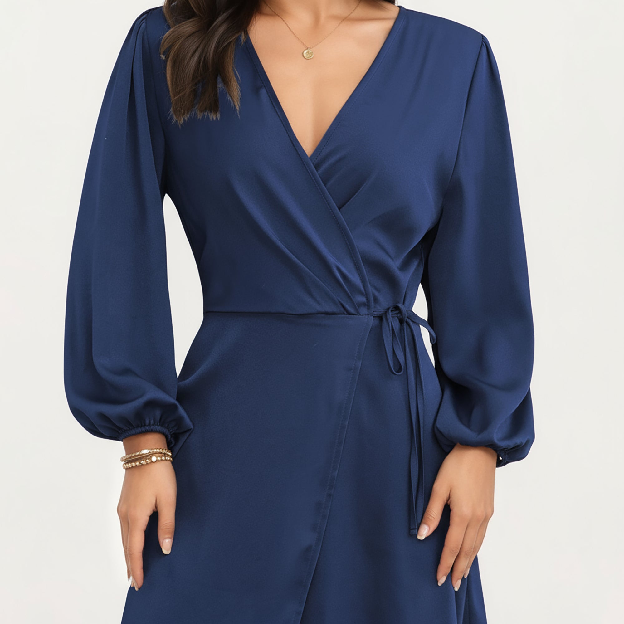 Anna-Kaci Women's Long Sleeve Wrap Midi Dress with V-Neckline and Side Tie Waist