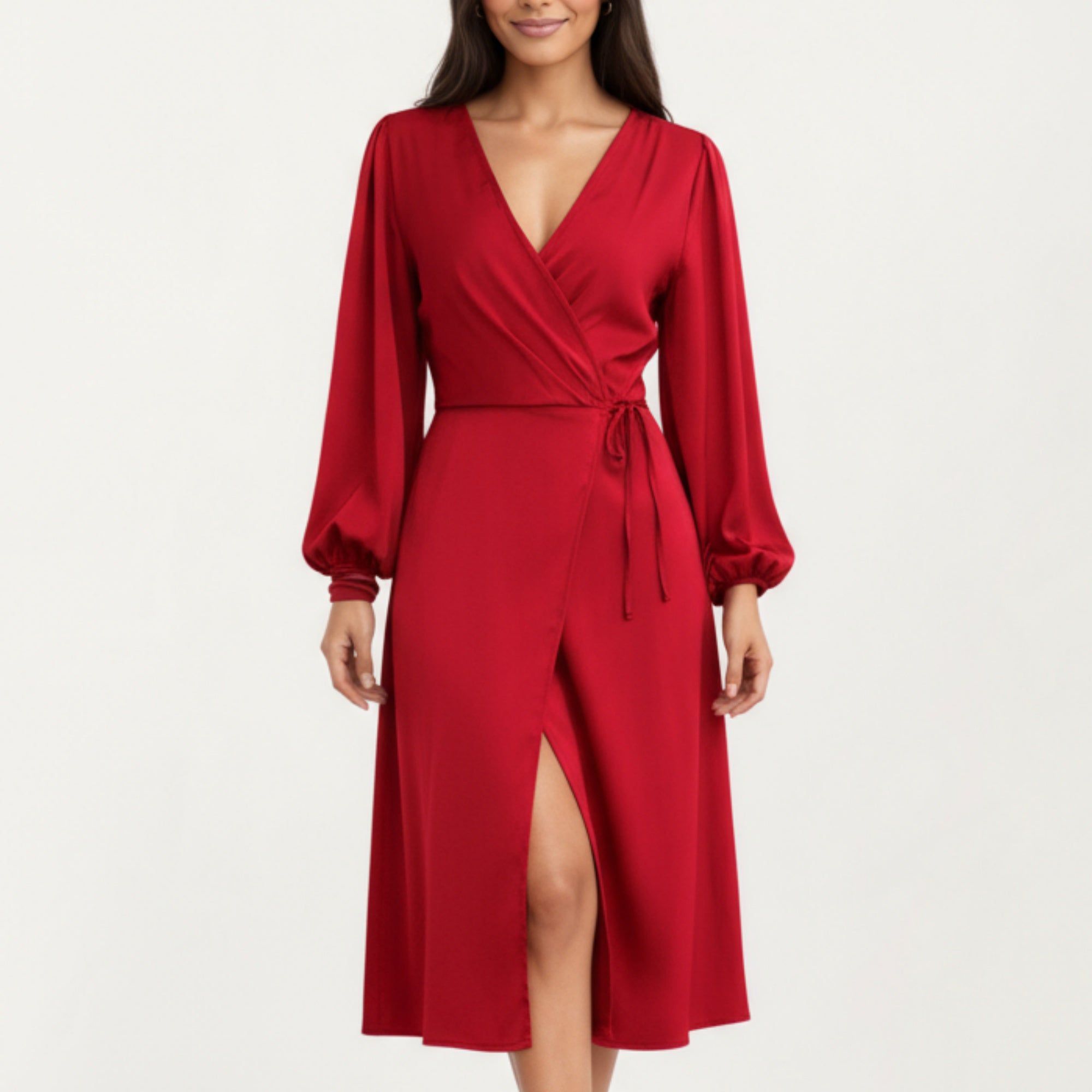 Anna-Kaci Women's Long Sleeve Wrap Midi Dress with V-Neckline and Side Tie Waist
