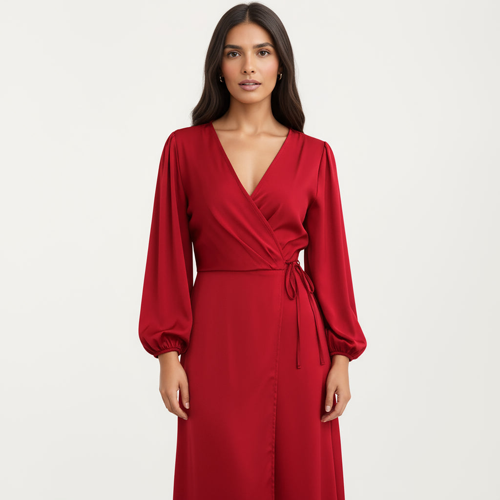 Anna-Kaci Women's Long Sleeve Wrap Midi Dress with V-Neckline and Side Tie Waist