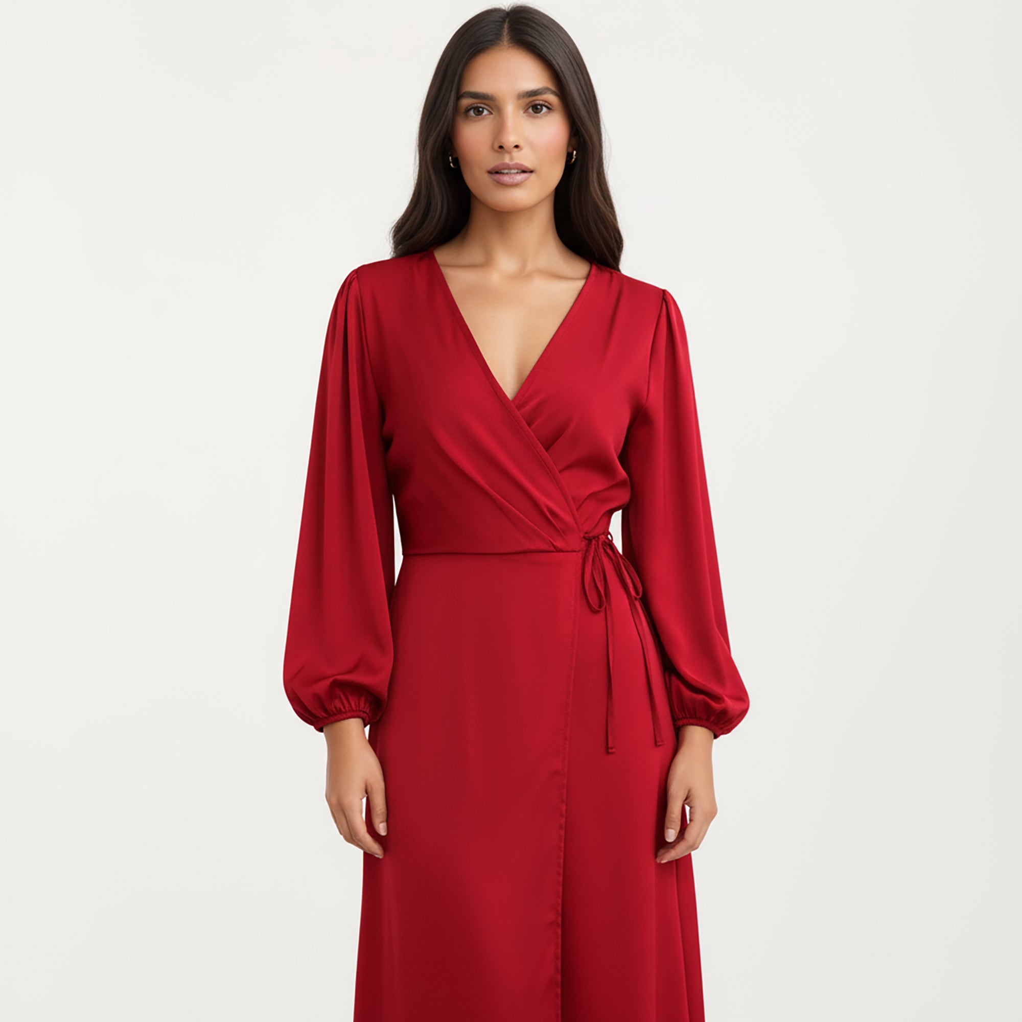Anna-Kaci Women's Long Sleeve Wrap Midi Dress with V-Neckline and Side Tie Waist