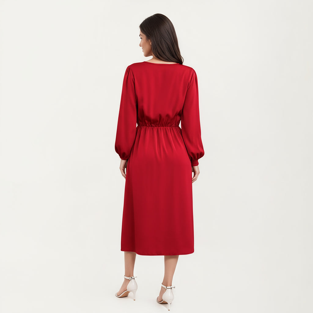 Anna-Kaci Women's Long Sleeve Wrap Midi Dress with V-Neckline and Side Tie Waist