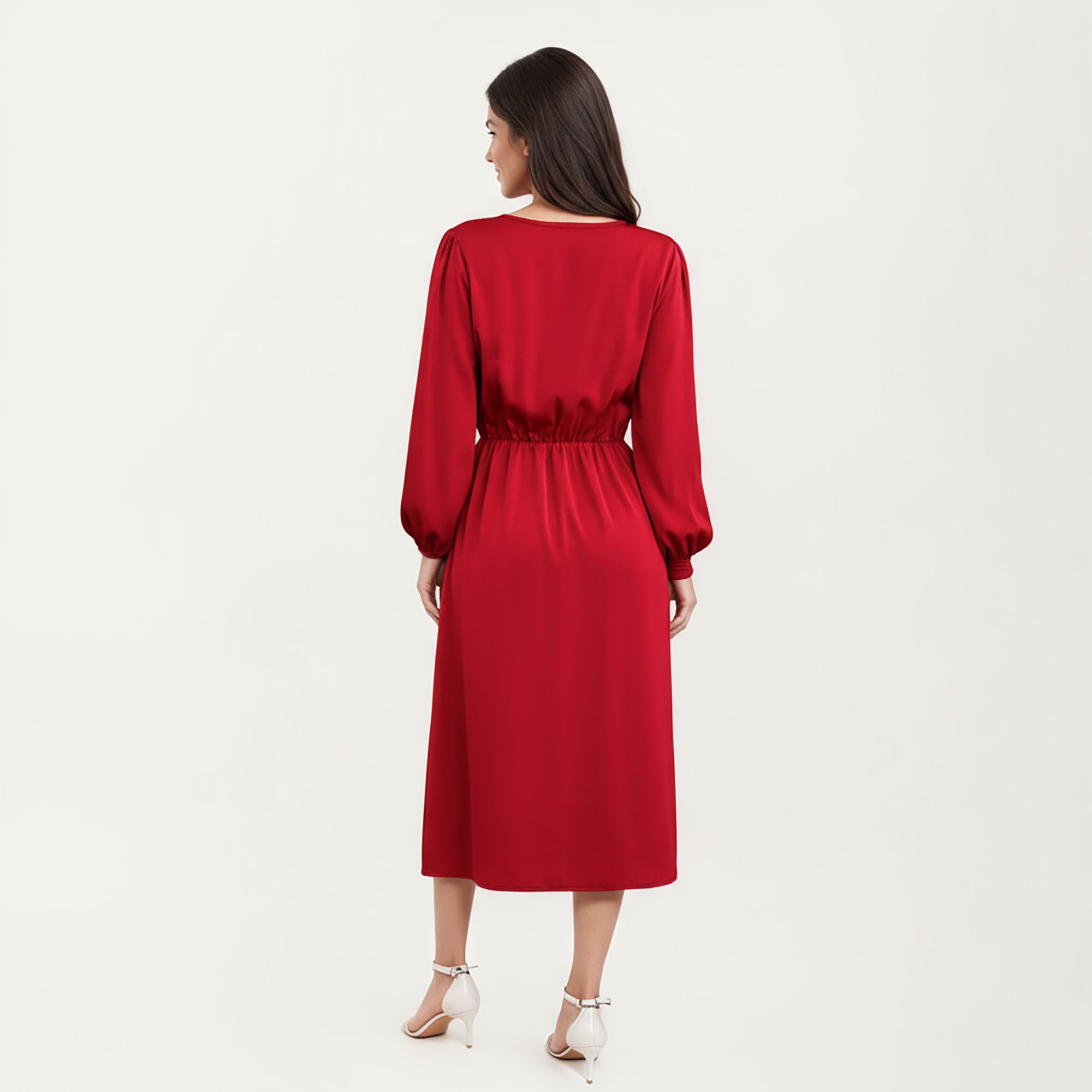 Anna-Kaci Women's Long Sleeve Wrap Midi Dress with V-Neckline and Side Tie Waist