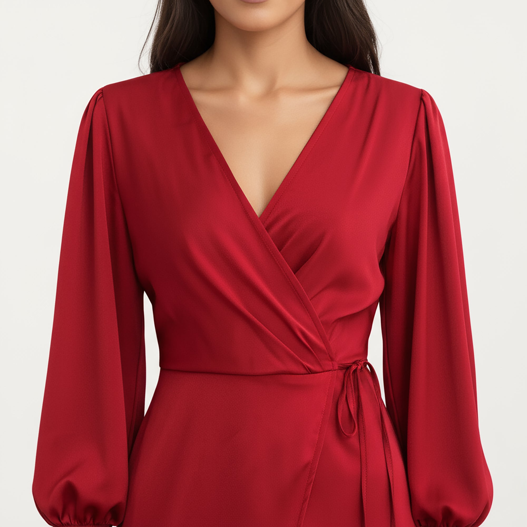 Anna-Kaci Women's Long Sleeve Wrap Midi Dress with V-Neckline and Side Tie Waist
