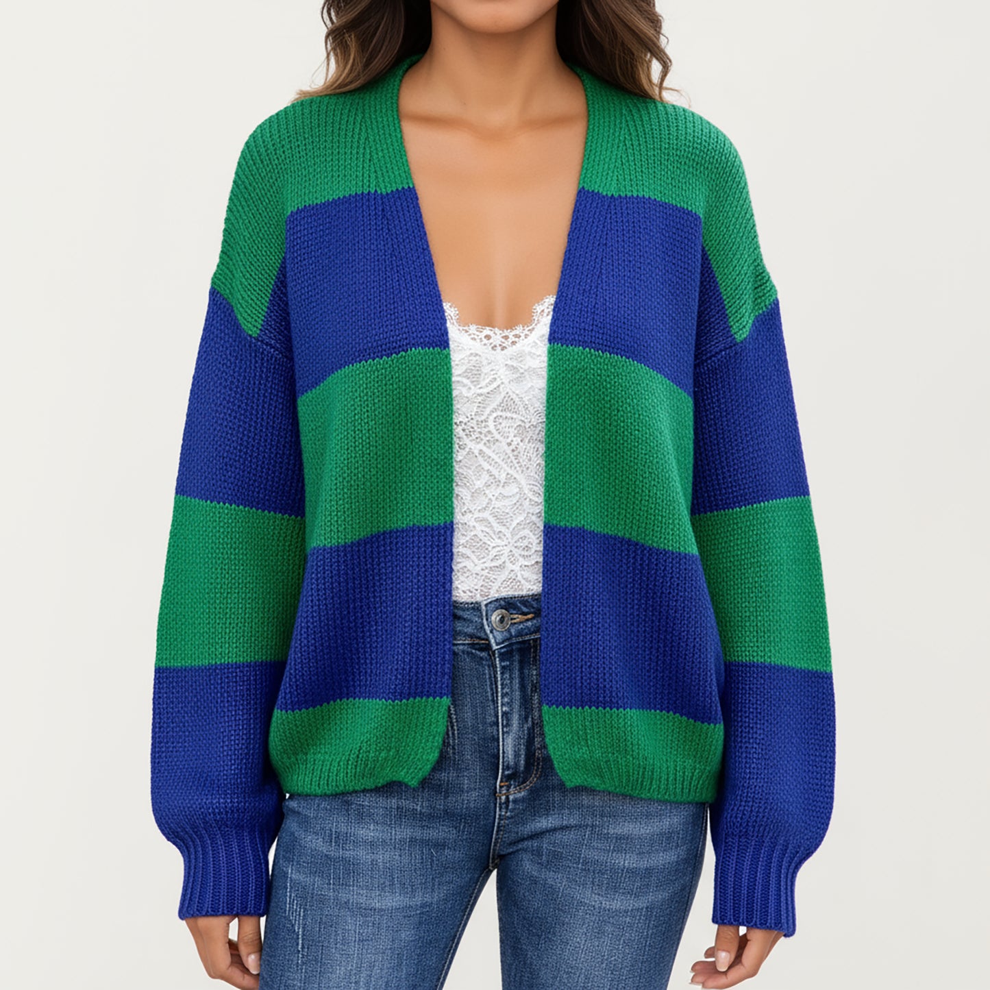 Anna-Kaci Women's Bold Stripe Knit Cardigan with Ribbed Hem and Balloon Sleeves