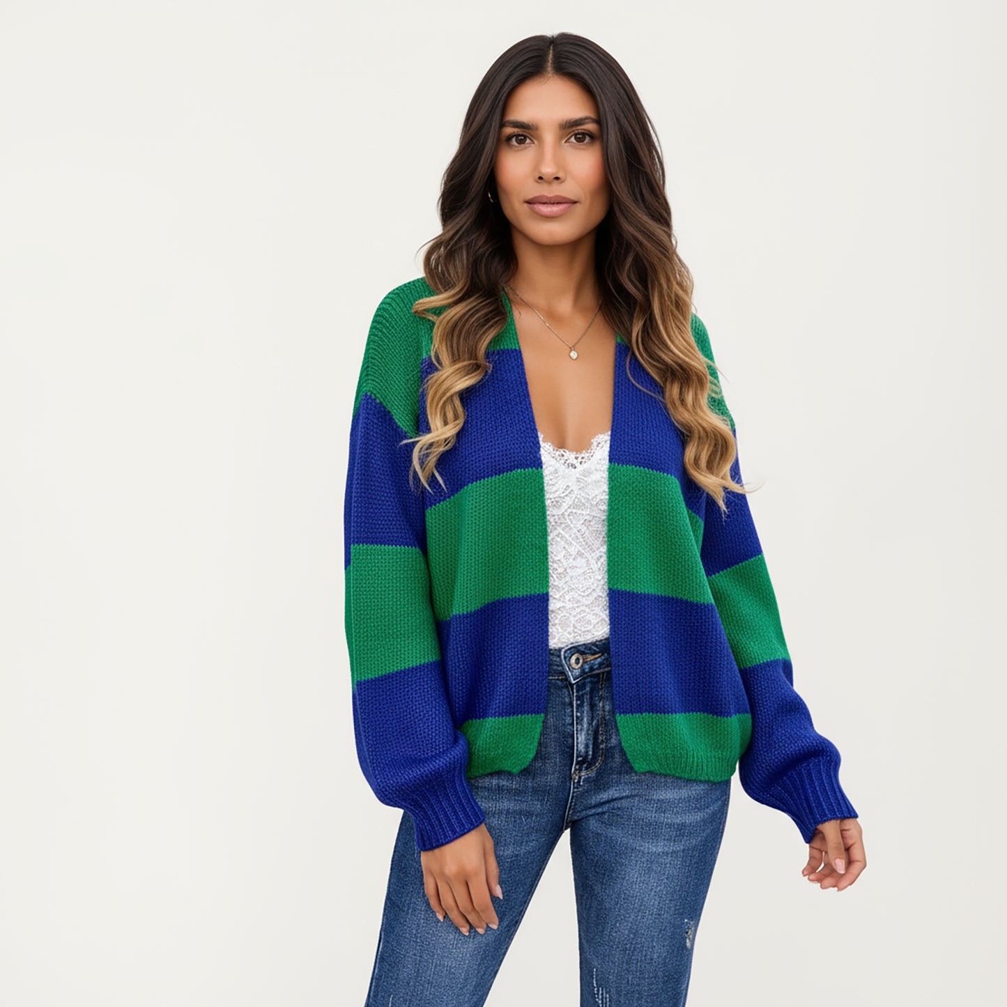 Anna-Kaci Women's Bold Stripe Knit Cardigan with Ribbed Hem and Balloon Sleeves
