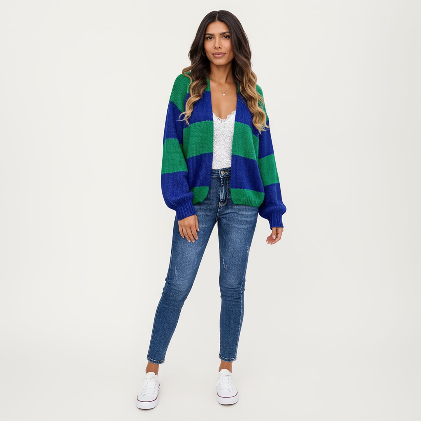 Anna-Kaci Women's Bold Stripe Knit Cardigan with Ribbed Hem and Balloon Sleeves