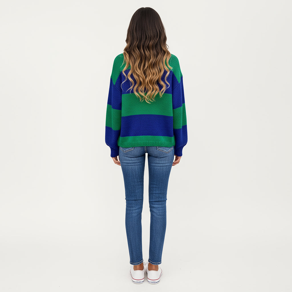 Anna-Kaci Women's Bold Stripe Knit Cardigan with Ribbed Hem and Balloon Sleeves
