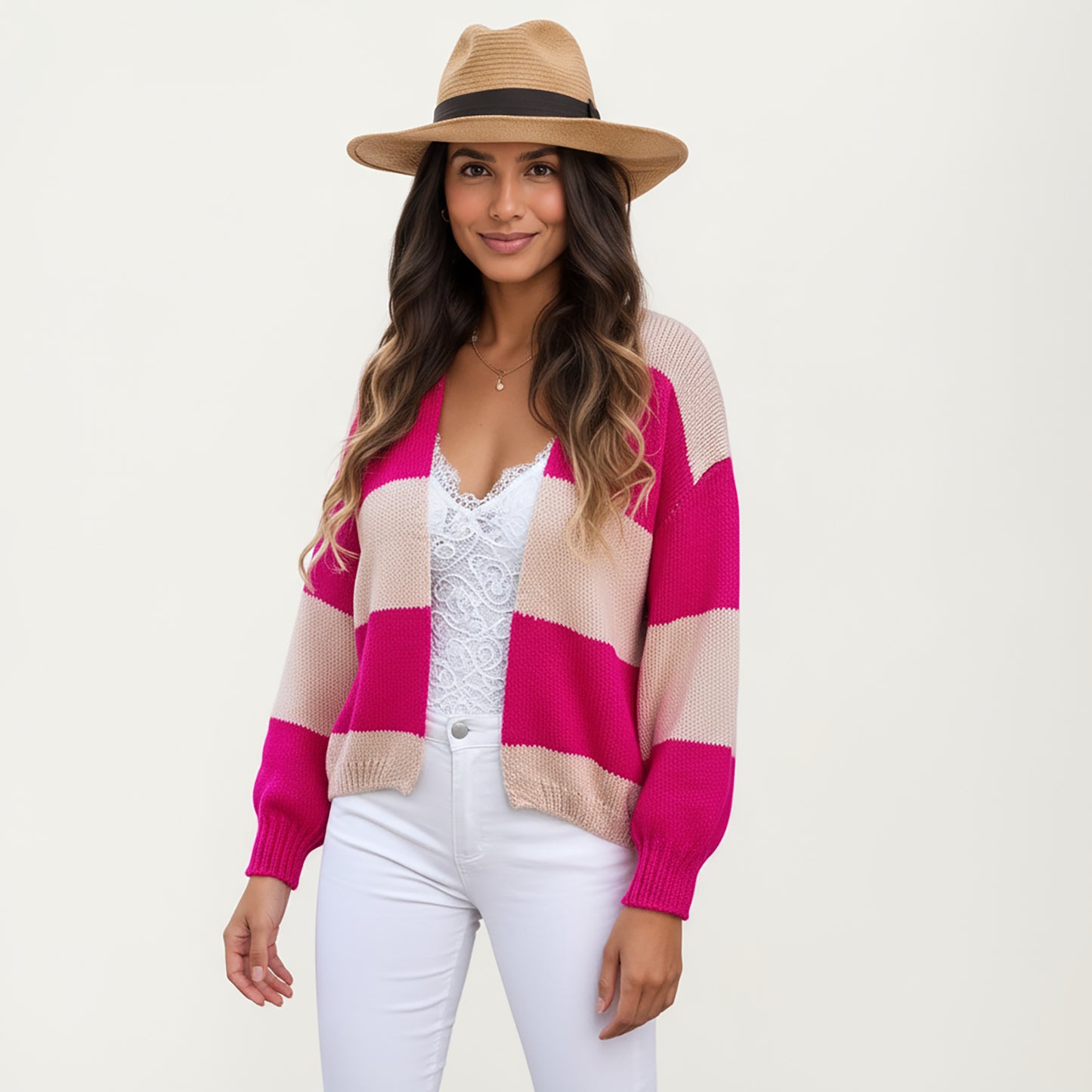Anna-Kaci Women's Bold Stripe Knit Cardigan with Ribbed Hem and Balloon Sleeves