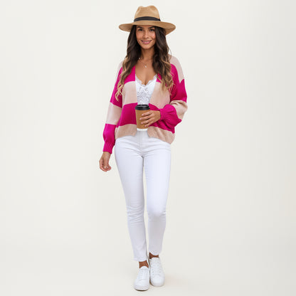 Anna-Kaci Women's Bold Stripe Knit Cardigan with Ribbed Hem and Balloon Sleeves