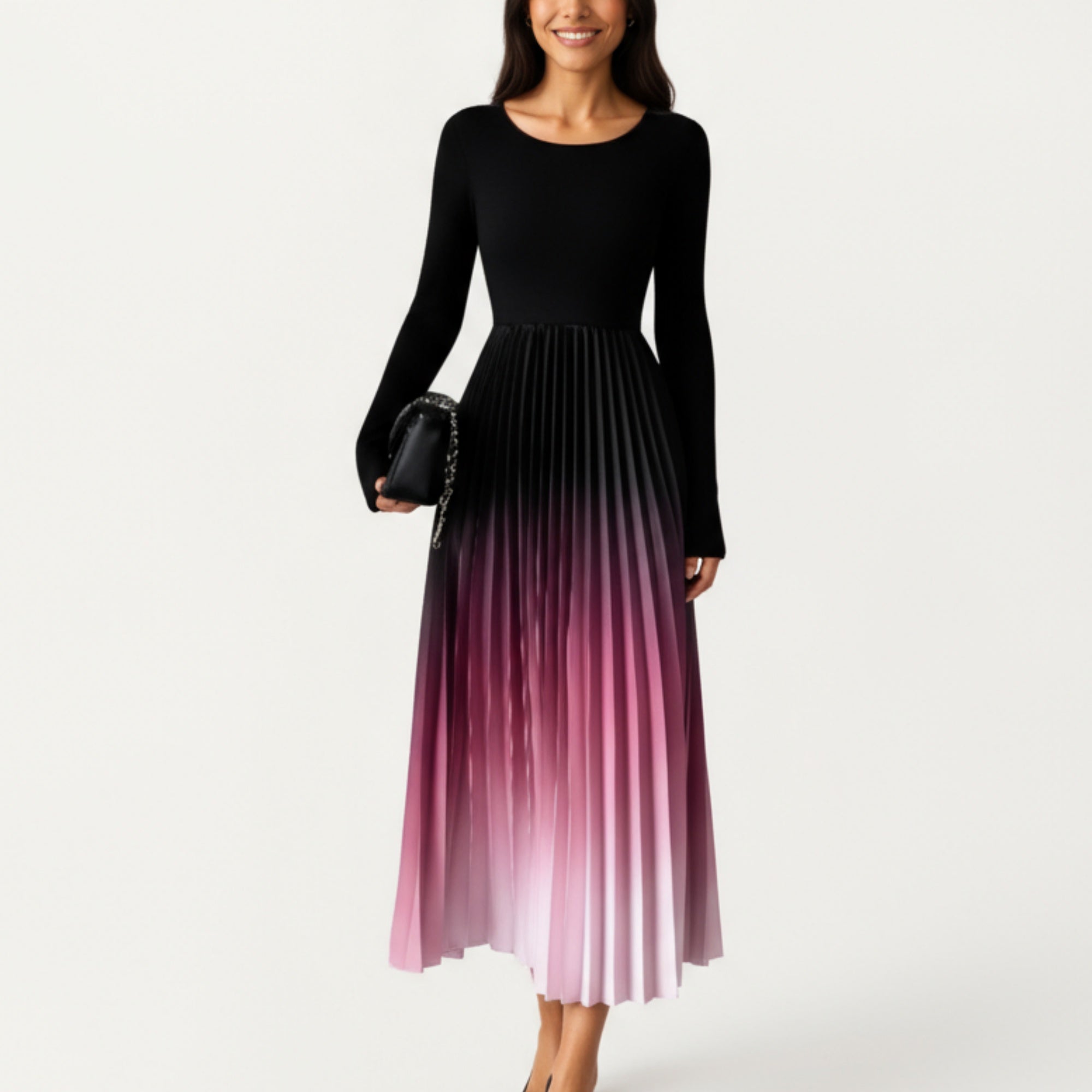 Anna-Kaci Women's Long Sleeve Pleated Maxi Dress with Gradient Ombre Skirt and Fitted Bodice