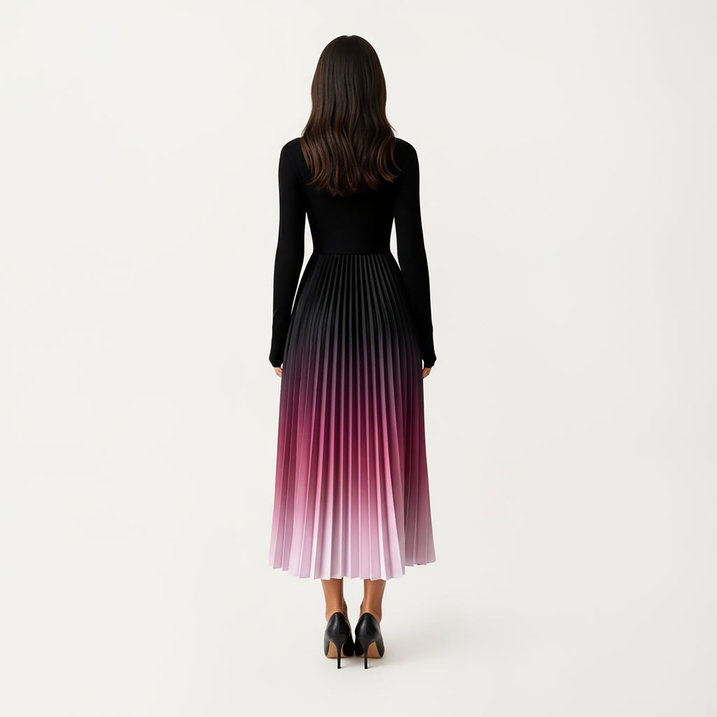 Anna-Kaci Women's Long Sleeve Pleated Maxi Dress with Gradient Ombre Skirt and Fitted Bodice