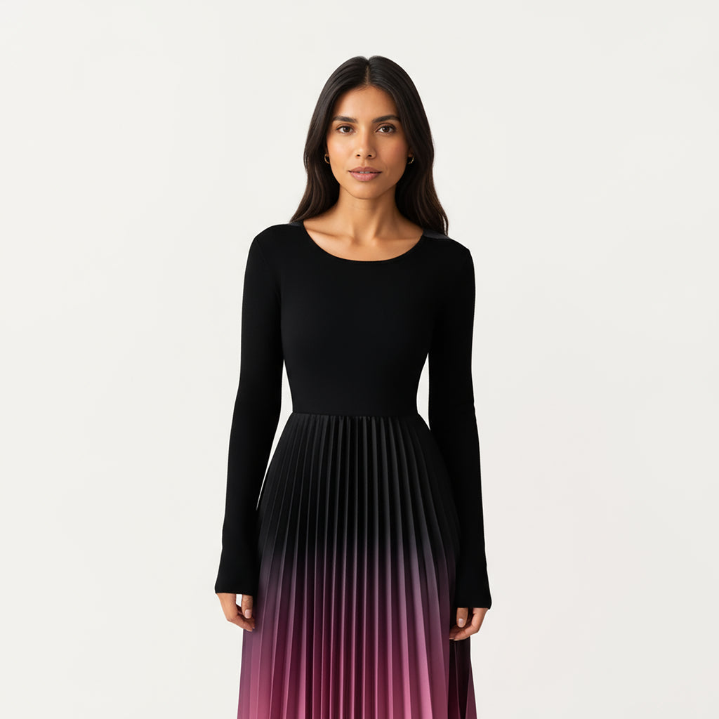 Anna-Kaci Women's Long Sleeve Pleated Maxi Dress with Gradient Ombre Skirt and Fitted Bodice
