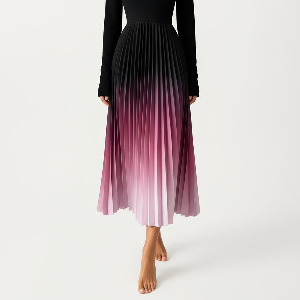 Anna-Kaci Women's Long Sleeve Pleated Maxi Dress with Gradient Ombre Skirt and Fitted Bodice