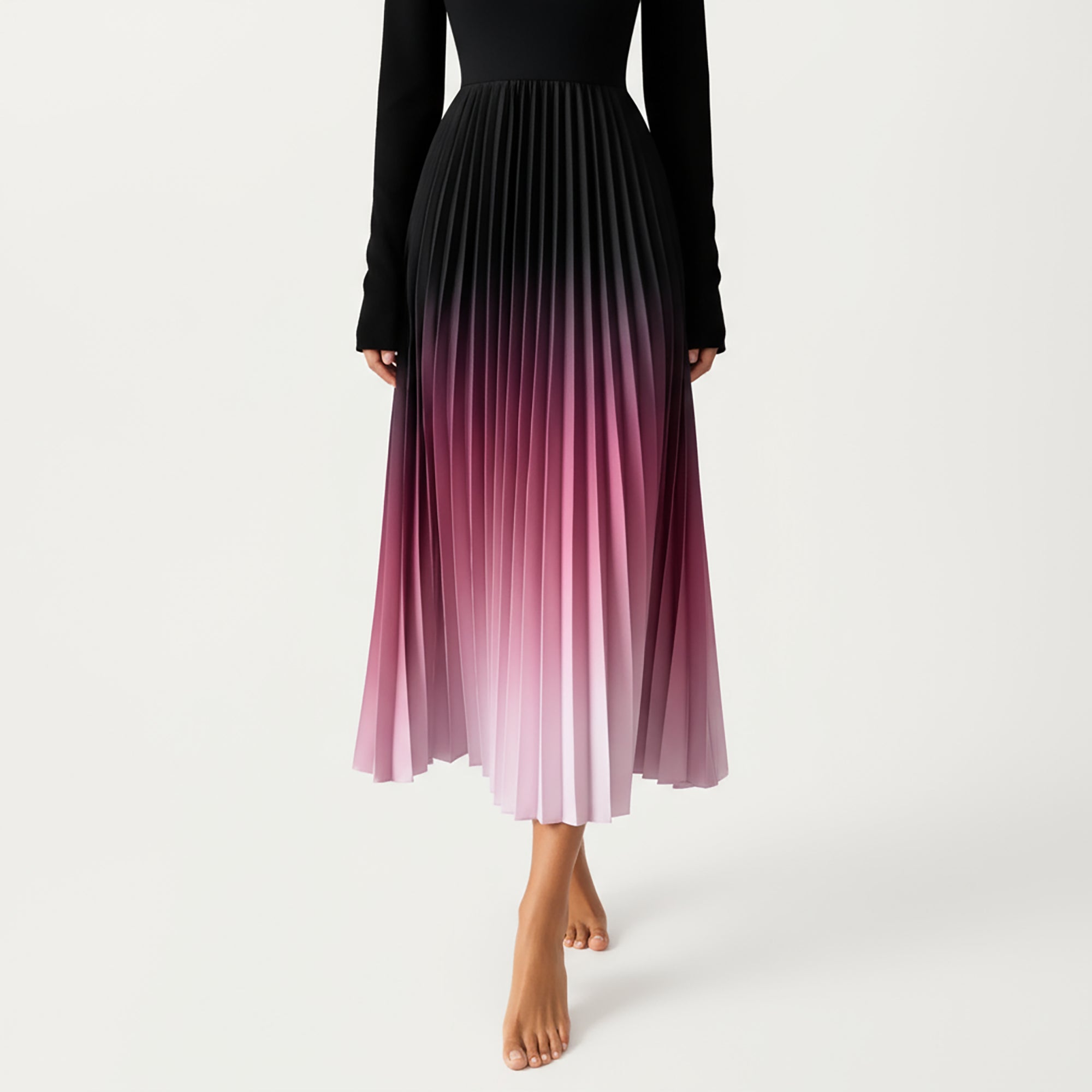 Anna-Kaci Women's Long Sleeve Pleated Maxi Dress with Gradient Ombre Skirt and Fitted Bodice