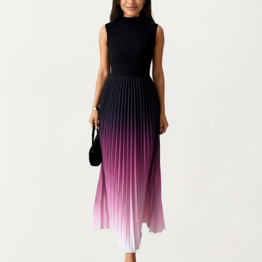 Anna-Kaci Women's Sleeveless Mock Neck Pleated Maxi Dress with Gradient Ombre Skirt