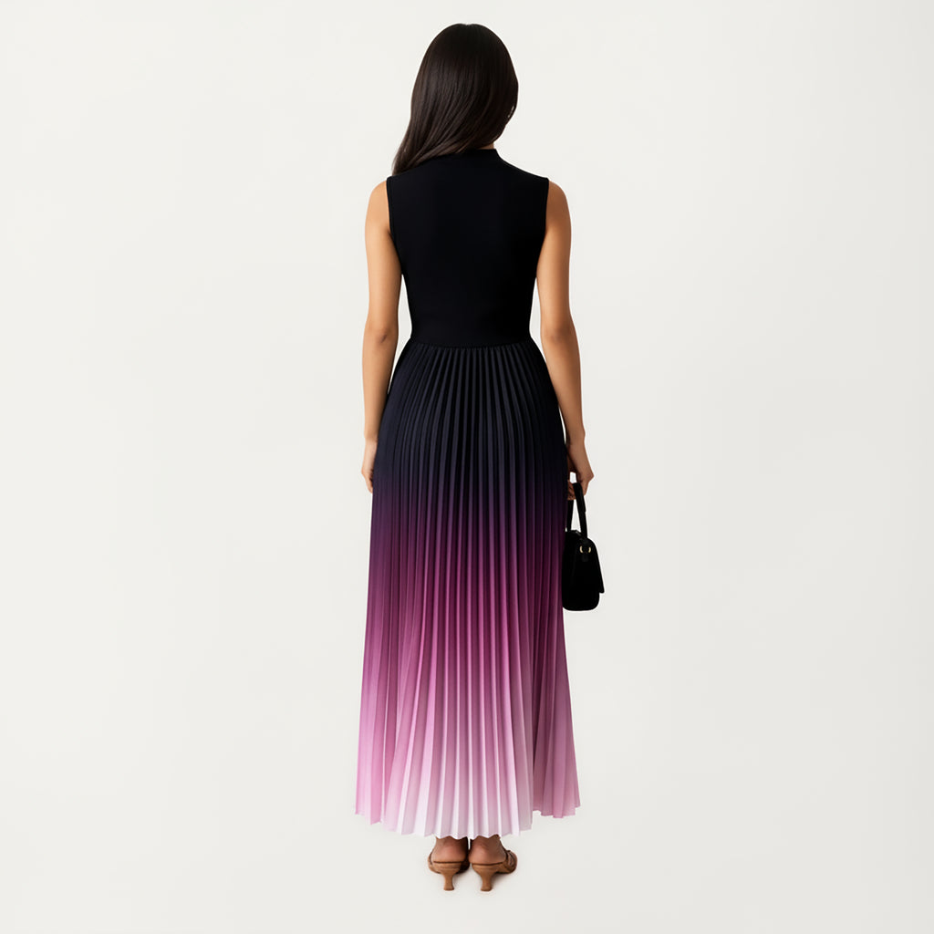 Anna-Kaci Women's Sleeveless Mock Neck Pleated Maxi Dress with Gradient Ombre Skirt