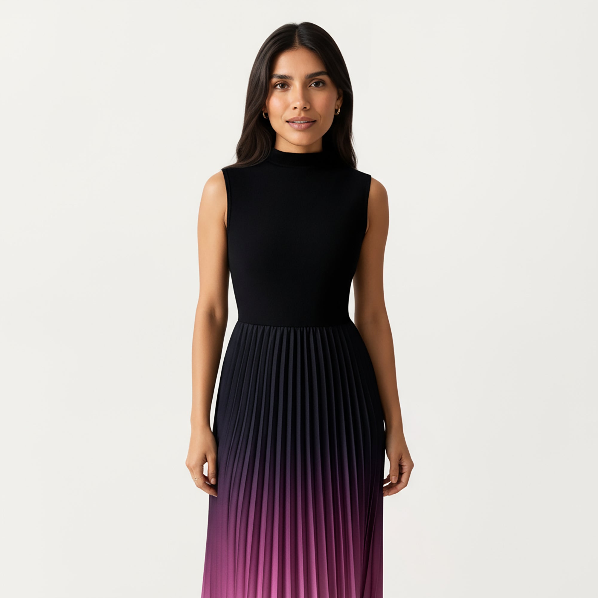 Anna-Kaci Women's Sleeveless Mock Neck Pleated Maxi Dress with Gradient Ombre Skirt