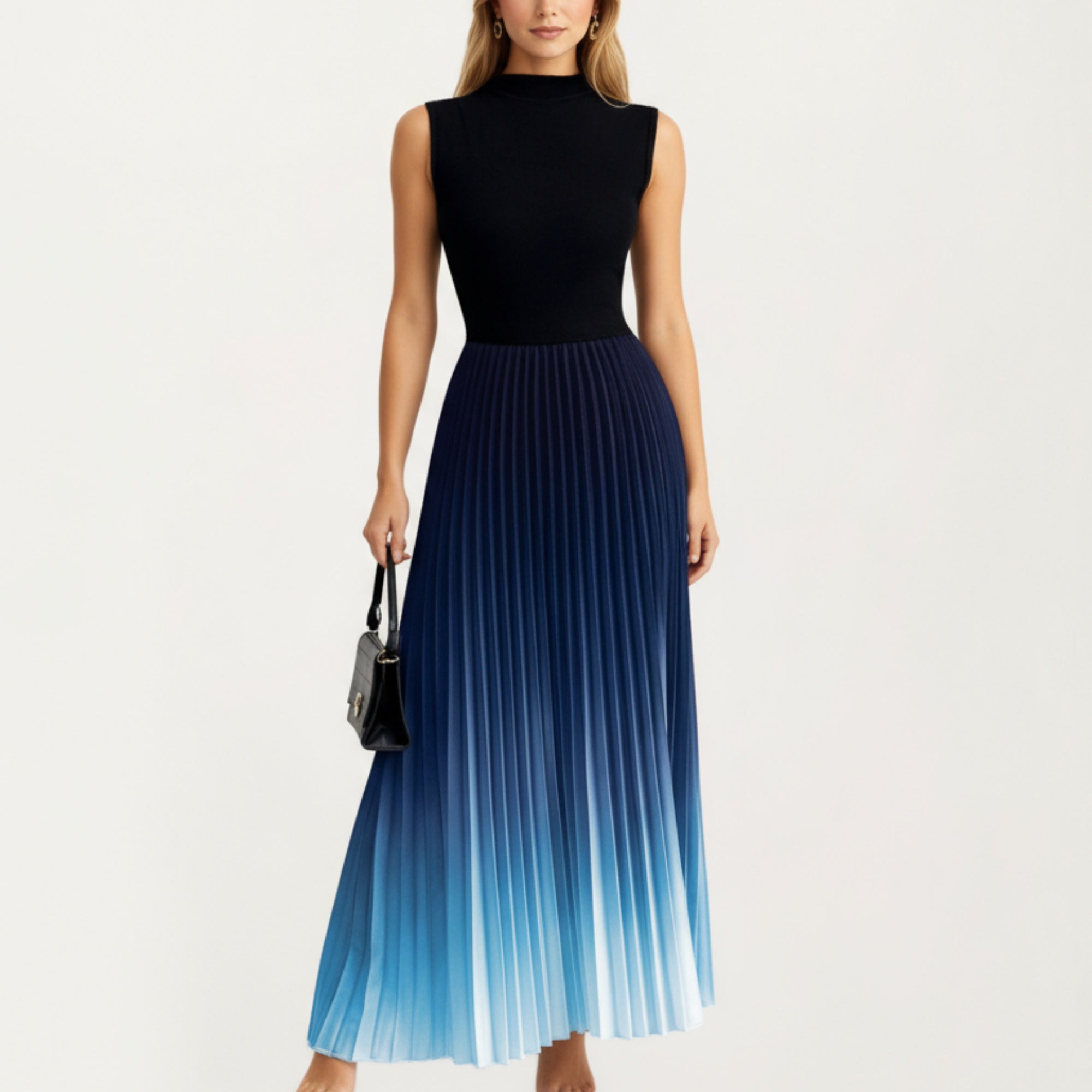 Anna-Kaci Women's Sleeveless Mock Neck Pleated Maxi Dress with Gradient Ombre Skirt